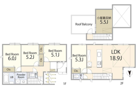  5480���~�A4LDK�A�y�n�ʐ�111.18m2�A�����ʐ�101.22m2 �y�Ԏ�}�z  �L�X���r���O�ɉ����A�����[������4LDK�v�����B  �Ƒ��������Ă���Ƃ����������A��炵�₷�����l�����Ԏ��ł��B