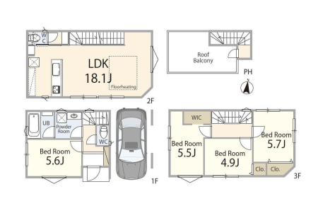  5380���~�A4LDK�A�y�n�ʐ�52.27m2�A�����ʐ�107.57m2 �y�Ԏ�}�z  �L�X���r���O�ɉ����A�����[������4LDK�B  �Ƒ��������Ă���Ƃ����������A��炵�₷�����l�����Ԏ��ł��B