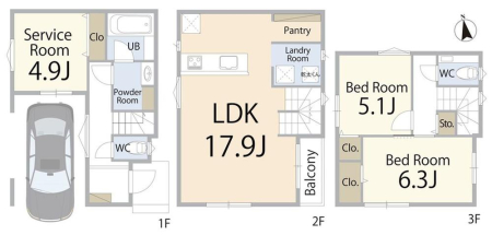  4980���~�A2LDK+S�i�[�ˁj�A�y�n�ʐ�60.94m2�A�����ʐ�98.23m2 �y�Ԏ�}�z  ���[�⏑�ւɂ��g����T�[�r�X���[���������2SLDK�B�v�w�ӂ���̕�炵��A���ꂩ��Ƒ�����������ɂ��҂�����̊Ԏ��B