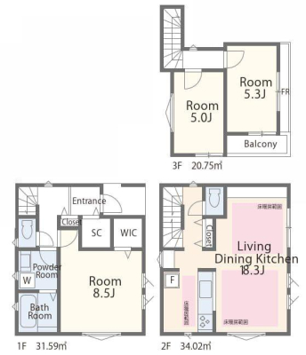  4680���~�A3LDK�A�y�n�ʐ�54.2m2�A�����ʐ�86.36m2 �y�Ԏ�}�z  �L�X���r���O�ɉ����A�����[������3LDK�v�����B  �Ƒ��������Ă���Ƃ����������A��炵�₷�����l�����Ԏ��ł��B