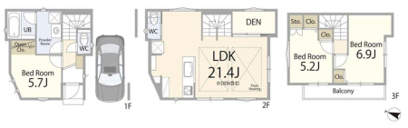  6180���~�A3LDK�A�y�n�ʐ�60.42m2�A�����ʐ�105.62m2 �y�Ԏ�}�z  �g������̗ǂ�3LDK�{DEN�v�����B��Ƃ肠�鋏���ɉ����A���ړI�Ɏg����X�y�[�X����炵�����֗��ɂ��܂��B