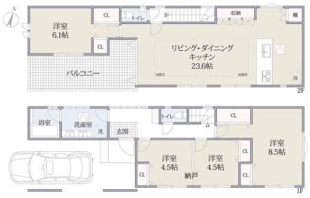  1��1431���~�A2LDK+2S�i�[�ˁj�A�y�n�ʐ�94.02m2�A�����ʐ�127m2 �y�Ԏ�}�z  2LDK�ɉ�����2��S������A���Z��ԂƎ��[�E���[�N�X�y�[�X�𗼗������g������̗ǂ��Ԏ��B���������������A�Ƒ��\���⃉�C�t�X�^�C���̕ω��ɂ��_��ɑΉ��ł���v�����ł��B