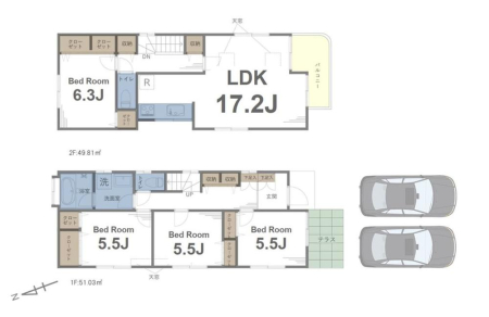  6699���~�A4LDK�A�y�n�ʐ�103.2m2�A�����ʐ�100.84m2 �y�Ԏ�}�z  �L�X���r���O�ɉ����A�����[������4LDK�v�����B  �Ƒ��������Ă���Ƃ����������A��炵�₷�����l�����Ԏ��ł��B